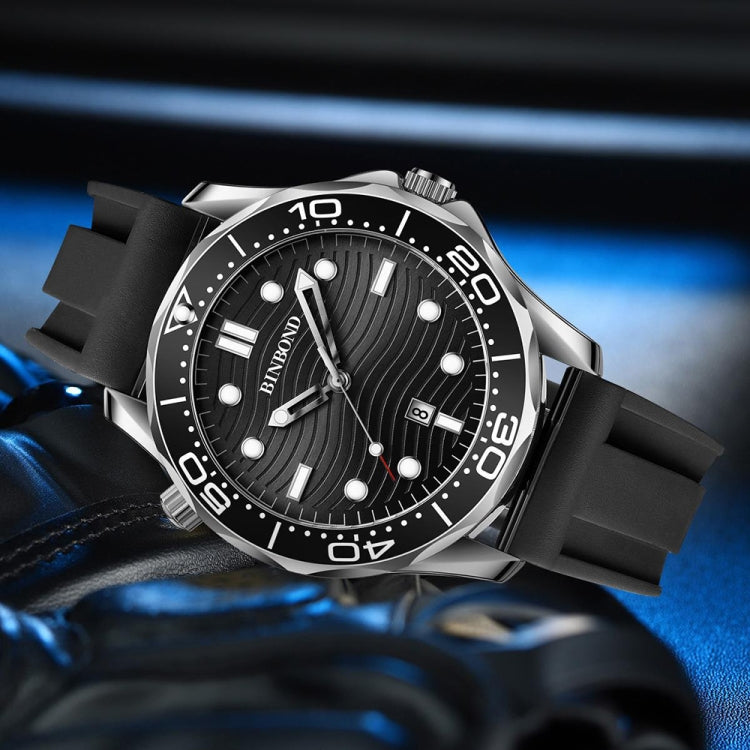 Black Silicon White Steel Black BINBOND B2820 Luminous 30m Waterproof Men Sports Quartz Watch - Silicone Strap Watches by BINBOND | Online Shopping UK | buy2fix