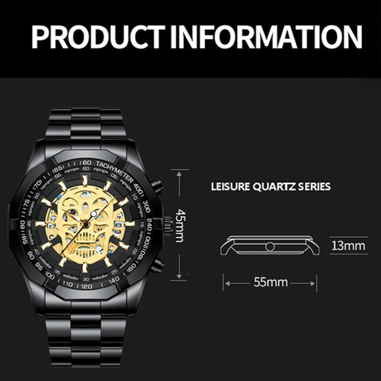 BINBOND S034 30M Waterproof Quartz Watch Skull Skeleton Luminous Watch(Black Steel Black White Nail) - Metal Strap Watches by BINBOND | Online Shopping UK | buy2fix