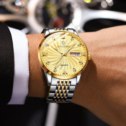 BINBOND B3034 Diamond 30m Waterproof Business Watch Men's Butterfly Buckle Luminous Quartz Watch(Black Steel-Black-Gold Nail) - Metal Strap Watches by BINBOND | Online Shopping UK | buy2fix
