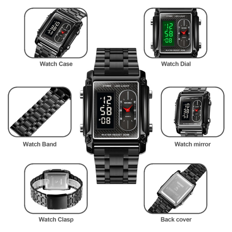 SKMEI 1868 Square Double Display Waterproof Men Watch, Style: Steel Belt (Silver) - LED Digital Watches by SKMEI | Online Shopping UK | buy2fix