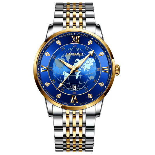 BINBOND B1117 30M Waterproof Earth Dial Butterfly Buckle Luminous Quartz Watch(Inter-gold-Blue) - Metal Strap Watches by BINBOND | Online Shopping UK | buy2fix