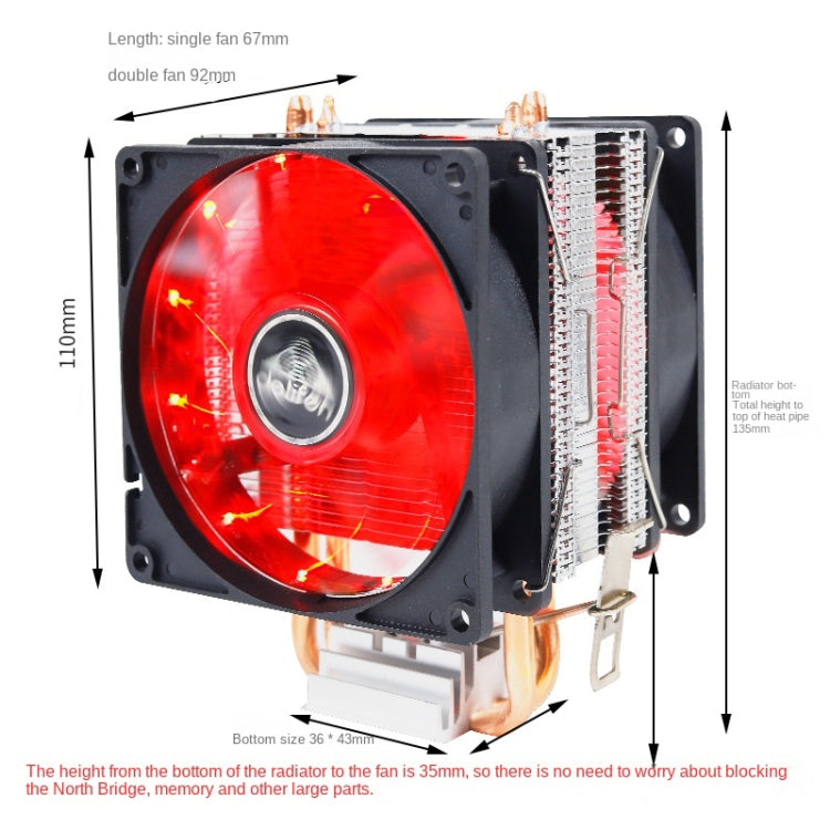 Desktop Computer Double Copper Tube CPU Radiator Super Quiet Color Light 3-pin Single Fan - Fan Cooling by buy2fix | Online Shopping UK | buy2fix