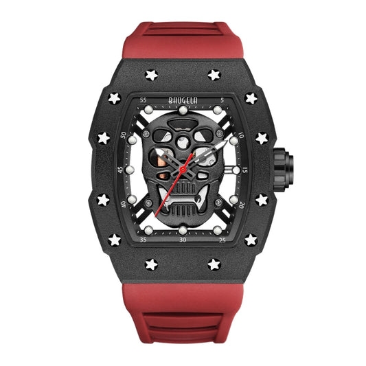 BAOGELA 224141 Hollow Skull Luminous Sports 304 Stainless Steel Silicone Men Watch(Black Shell Black Face Red Belt) - Silicone Strap Watches by BAOGELA | Online Shopping UK | buy2fix