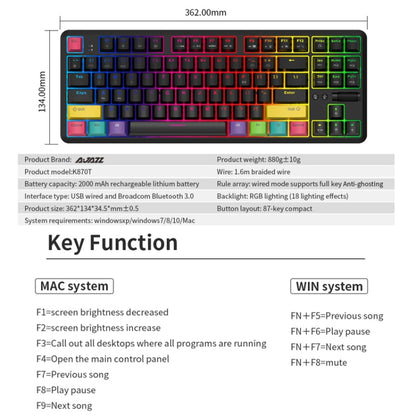 Ajazz K870T 87-Key Hot Swap Bluetooth/Wired Dual Mode RGB Backlight Office Game Mechanical Keyboard Tea Shaft (Black) - Wireless Keyboard by Ajazz | Online Shopping UK | buy2fix