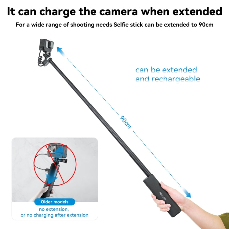 TELESIN Charging Selfie Stick 10000mah Power Bank Universal For Sports Camera & Smart Phone - Extendable Pole by TELESIN | Online Shopping UK | buy2fix