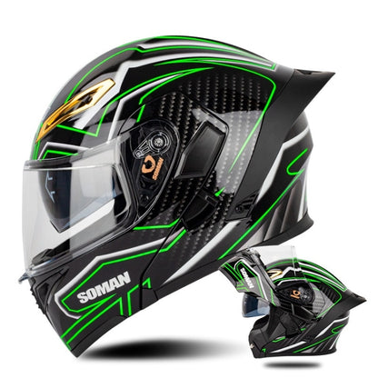 SOMAN Motorcycle Dual Lens Riding Peel-Off Full Coverage Helmet, Size: M(Bright Black Green) - Helmets by SOMAN | Online Shopping UK | buy2fix