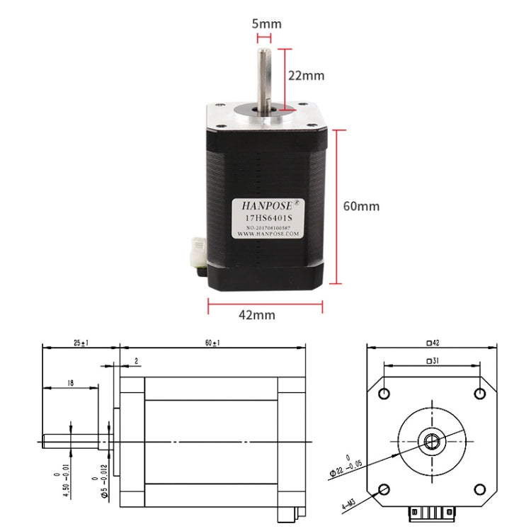 HANPOSE  17HS6401S 12V 1.7A 60mm 70N.cm  4-lead Stepper Motor - Parts by HANPOSE | Online Shopping UK | buy2fix