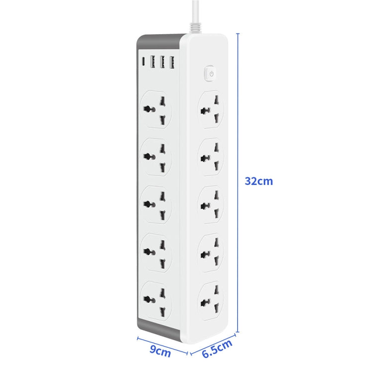 D15 2m 3000W 10 Plugs + PD + 3-USB Ports Vertical Socket With Switch, Specification: EU Plug - Extension Socket by buy2fix | Online Shopping UK | buy2fix