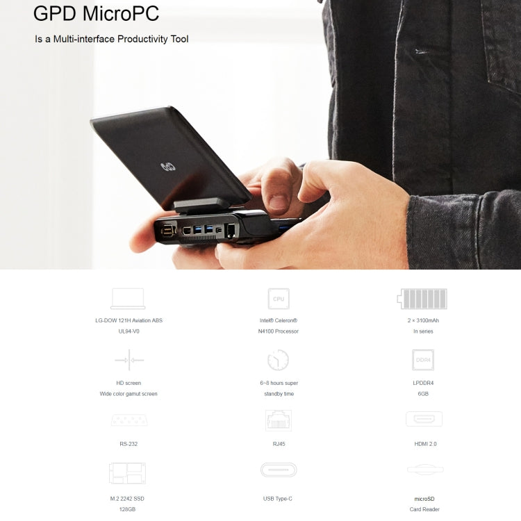 GPD MicroPC Mini Laptop, 6.0 inch, 8GB+256GB, Windows 10 Intel Celeron N4120 Quad Core, Support Dual Band WiFi & Bluetooth & TF Card, US Plug(Black) - Others by GPD | Online Shopping UK | buy2fix